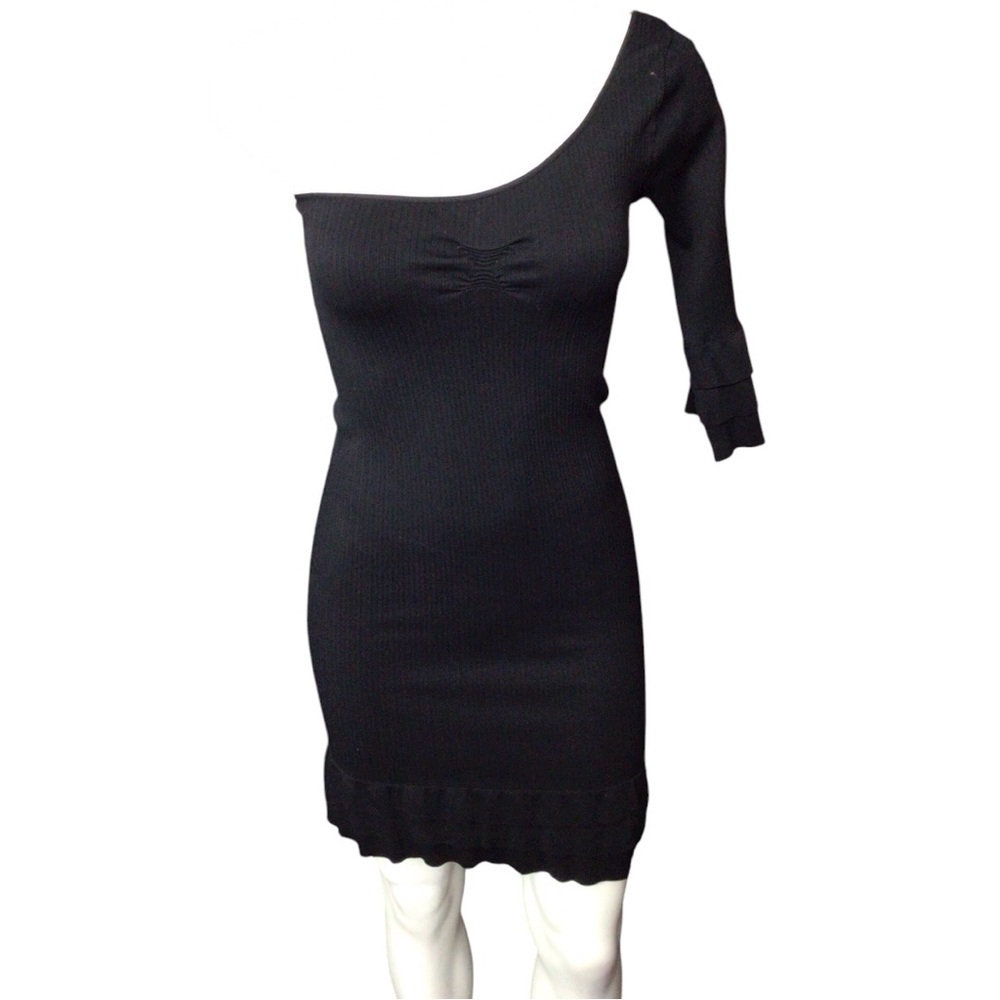 bebe Black One-Shoulder‎ Body Con Ruffle Hem Dress